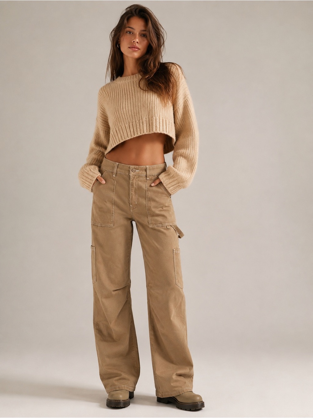 Women’s Size 12 Tan Khaki Utility Cargo Carpenter Pants Wide Leg Stretch